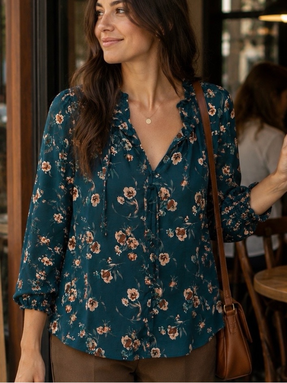 MELLODAY side L Teal Floral Long-Sleeve V-Neck Blouse